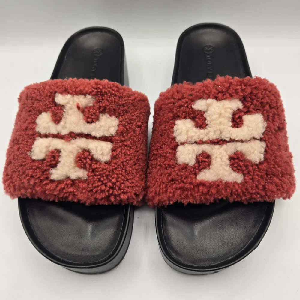 Tory Burch Double T Shearling Flatform Slide Sandals in a vibrant red and cream